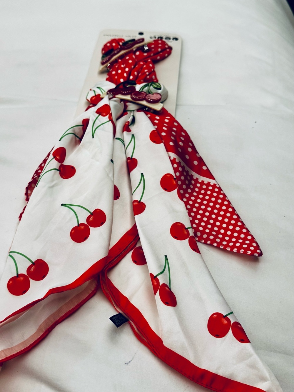 Sincerly Jules Red Cherry Print and Polka Dot Scarf & Barrette Set